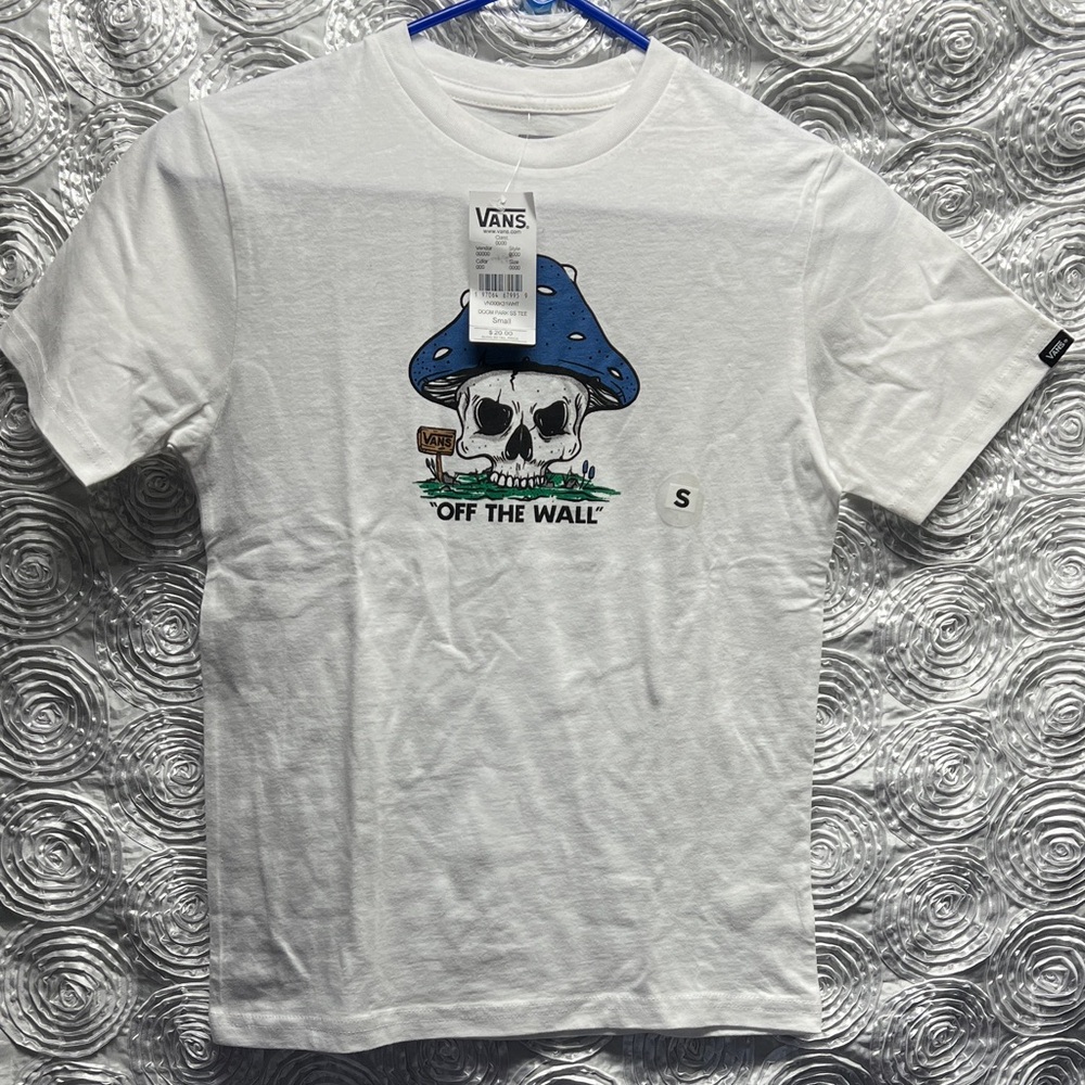 Vans White Tee with Blue Mushroom Graphic